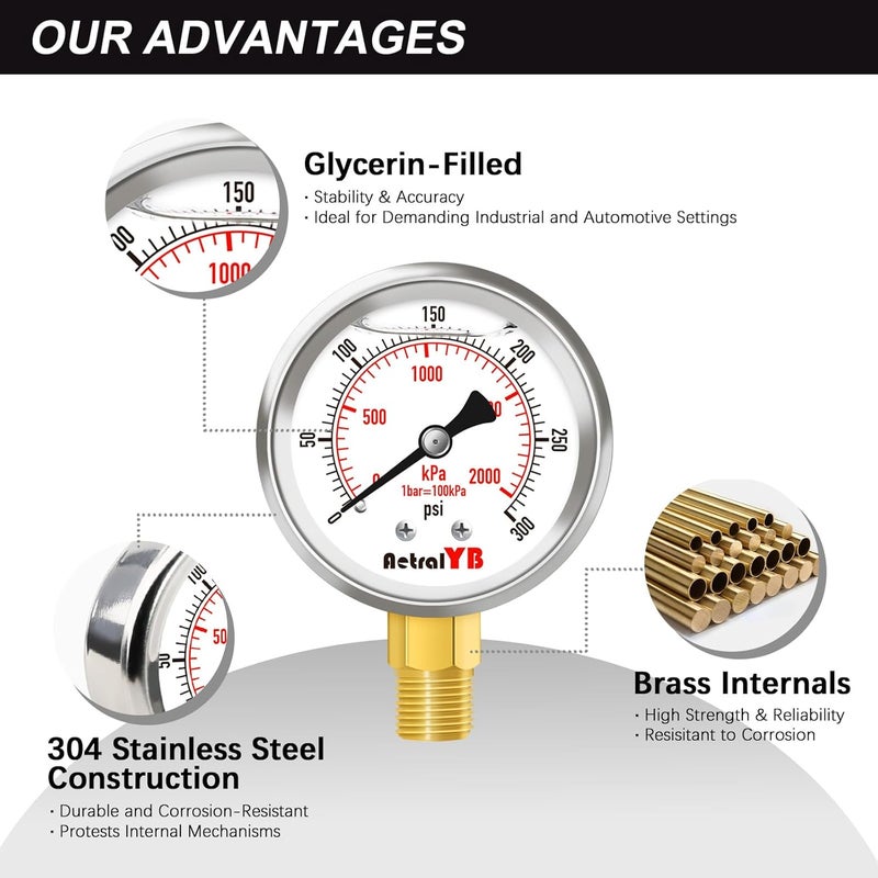 AetralYB مقياس ضغط ثقيل 0-300 PSI، 2 إنش، مملوء بالجليسرين، من الفولاذ المقاوم للصدأ، تركيب سفلي 1/4" NPT، مقاوم للصدمات، مقياس ضغط مقاوم للماء لأنظمة الزيت، مضخات المياه، تطبيقات HVAC - Image 3